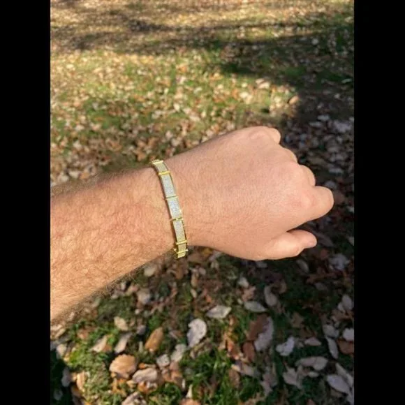 COPY - 14k Gold Over Solid 925 Sterling Silver Mens Iced Flooded Out Bracelet D… - Picture 9 of 10